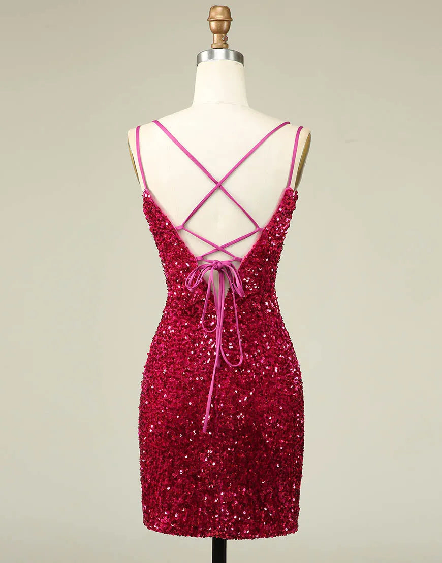 Homecoming Dress Sparkly Sequin Double Spaghetti Straps Tight Sexy