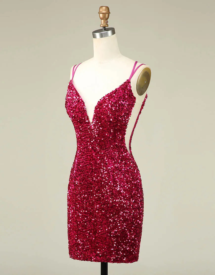 Homecoming Dress Sparkly Sequin Double Spaghetti Straps Tight Sexy