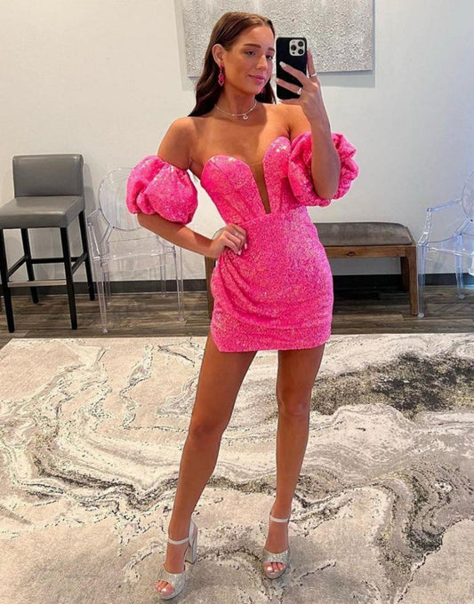 Charming Sheath Sequin Short Prom Dress Lovely Homecoming Dress With Detachable Sleeves