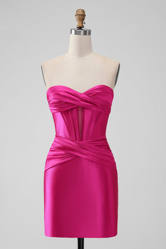 Charming Strapless Pleated Short Prom Dress Bodycon Homecoming Dress Simple Party Dress