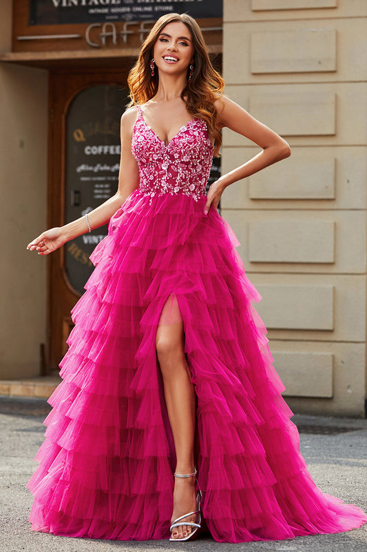 Fuchsia A-Line Spaghetti Straps Tiered Long Prom Dress With Slit V-neck Sexy