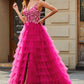 Fuchsia A-Line Spaghetti Straps Tiered Long Prom Dress With Slit V-neck Sexy