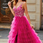 Fuchsia A-Line Spaghetti Straps Tiered Long Prom Dress With Slit V-neck Sexy