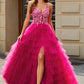 Fuchsia A-Line Spaghetti Straps Tiered Long Prom Dress With Slit V-neck Sexy