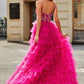 Fuchsia A-Line Spaghetti Straps Tiered Long Prom Dress With Slit V-neck Sexy