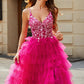 Fuchsia A-Line Spaghetti Straps Tiered Long Prom Dress With Slit V-neck Sexy