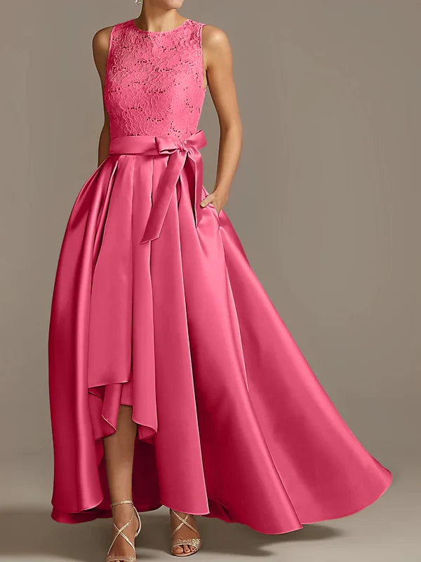 A-line/Princess collar sleeveless pleated lace mother of the bride dress Evening Dresses With Bow
