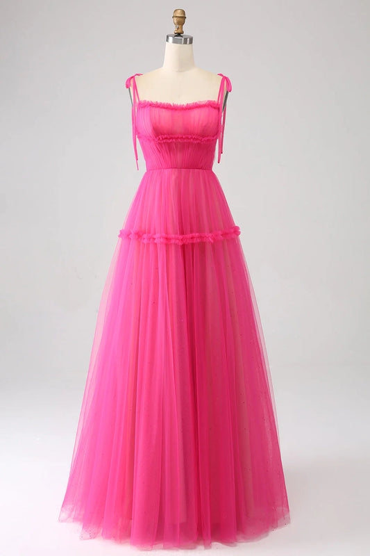 A-Line Ruffled Long Tulle Prom Dress Off Shoulder Pure Color