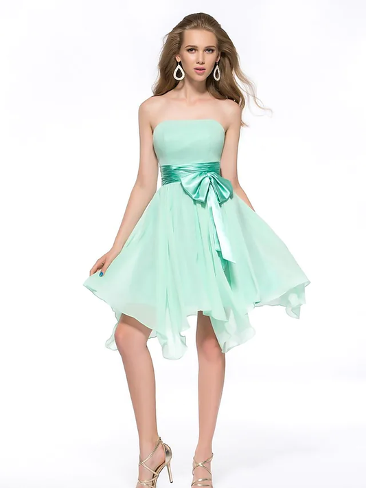 A-Line Minimalist Elegant Engagement Cocktail Party Dress Strapless Sleeveless Asymmetrical Knee Length Chiffon with Sash Ribbon