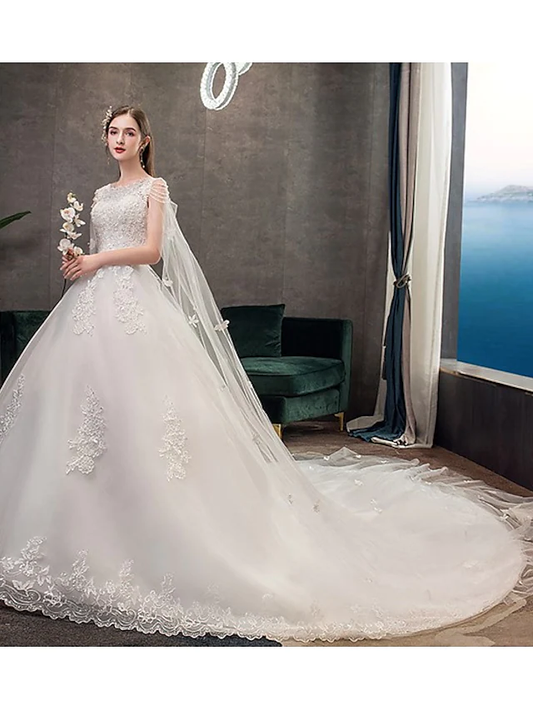 Princess Ball Gown Wedding Dresses Jewel Neck Chapel Train Lace Tulle Sleeveless Formal Luxurious