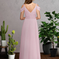 A-Line V Neck Spaghetti Strap Floor Length Chiffon Bridesmaid Dress with Pleats Ruching Pure Color