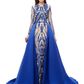 Luxurious Sparkle Prom Formal Evening Dress Jewel Neck Long Sleeve Detachable Sequined with Overskirt Pattern Print