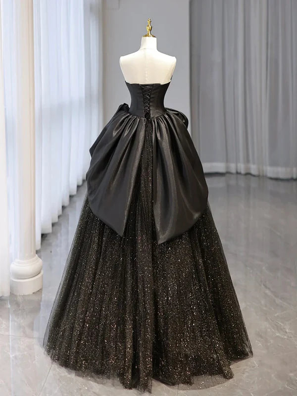 Glitter A-Line Sweetheart Neck Tulle Satin Ballgown Black Long Prom Dress Sparkly Evening Dress