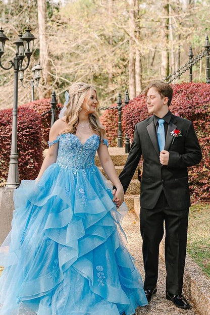 Blue Off the Shoulder Ruffle Tiered Tulle Long Prom Dresses with Appliques Beautiful