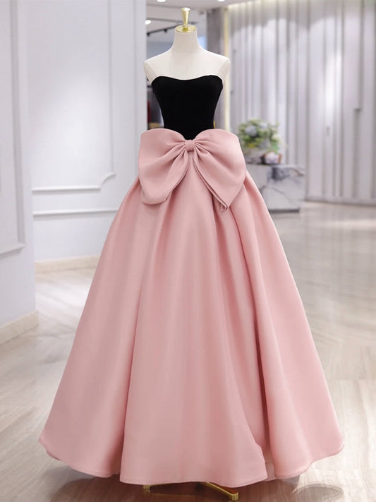 A-Line Sweetheart Neck Satin Velvet Pink Long Prom Dress Formal Dress Off Shoulder Evening Dress With Bow(s)