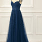 Navy Tulle A Line Corset Prom Dress With Appliques Floor Length Beautiful