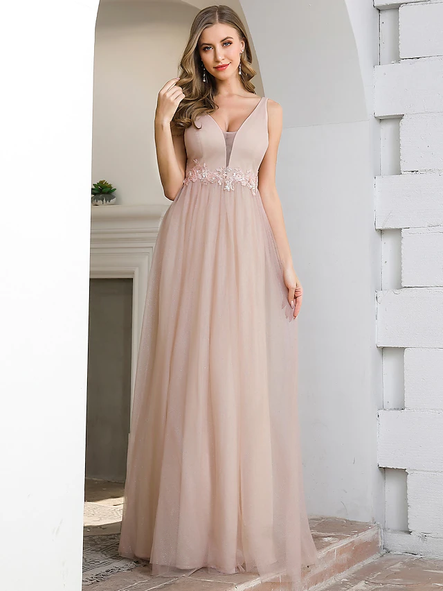 A-Line Plunging Neck Floor Length Tulle Bridesmaid Dress with Appliques Beautiful