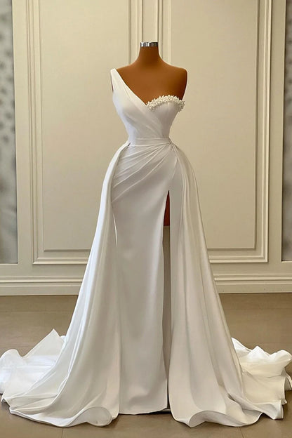 One Shoulder Charmeuse White Wedding Dress With Beadings Sleeveless Floor Length Elegant