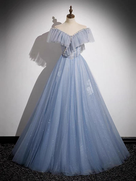 A-Line Off Shoulder Tulle Blue Long Prom Dress Long Formal Dress Floor Length Beautiful