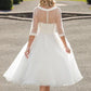 Tea-Length A-Line Bateau Neck Illusion Sleeve Bowed Tulle Wedding Dress Elegant