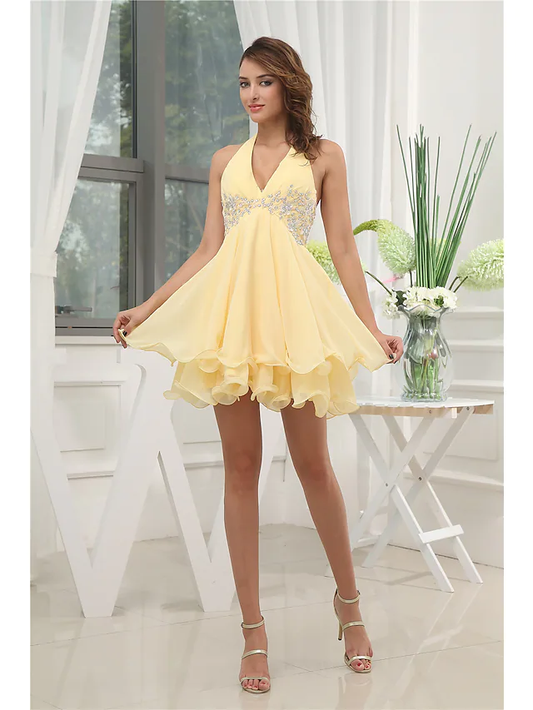 A-Line Elegant Party Wear Wedding Guest Cocktail Party Dress Halter Neck Sleeveless Short Mini Chiffon