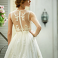 A-Line Wedding Dresses Plunging Neck Lace Over Tulle Sleeveless See-Through Beautiful Back Illusion Detail with Sash Ribbon