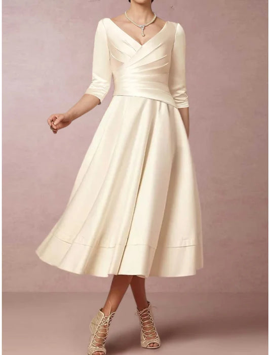 A-Line Mother of the Bride Dress Elegant Simple V Neck Tea Length Satin Half Sleeve with Pleats