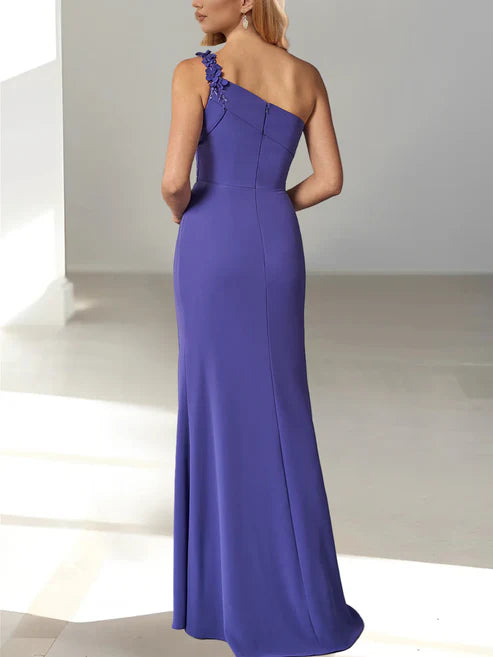 Sheath One Shoulder Floor Length Mother Of The Bride Dresses With Slit Evening Dress