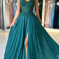 A-Line Chiffon Beaded Spaghetti Strap Long Evening Dress With Slit Sexy Party Dress