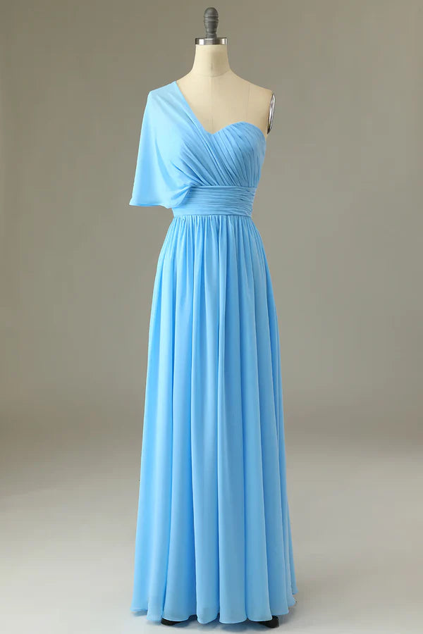 Blue One Shoulder Blue Bridesmaid Dress Chiffon Wedding Guest Dress Solid Color