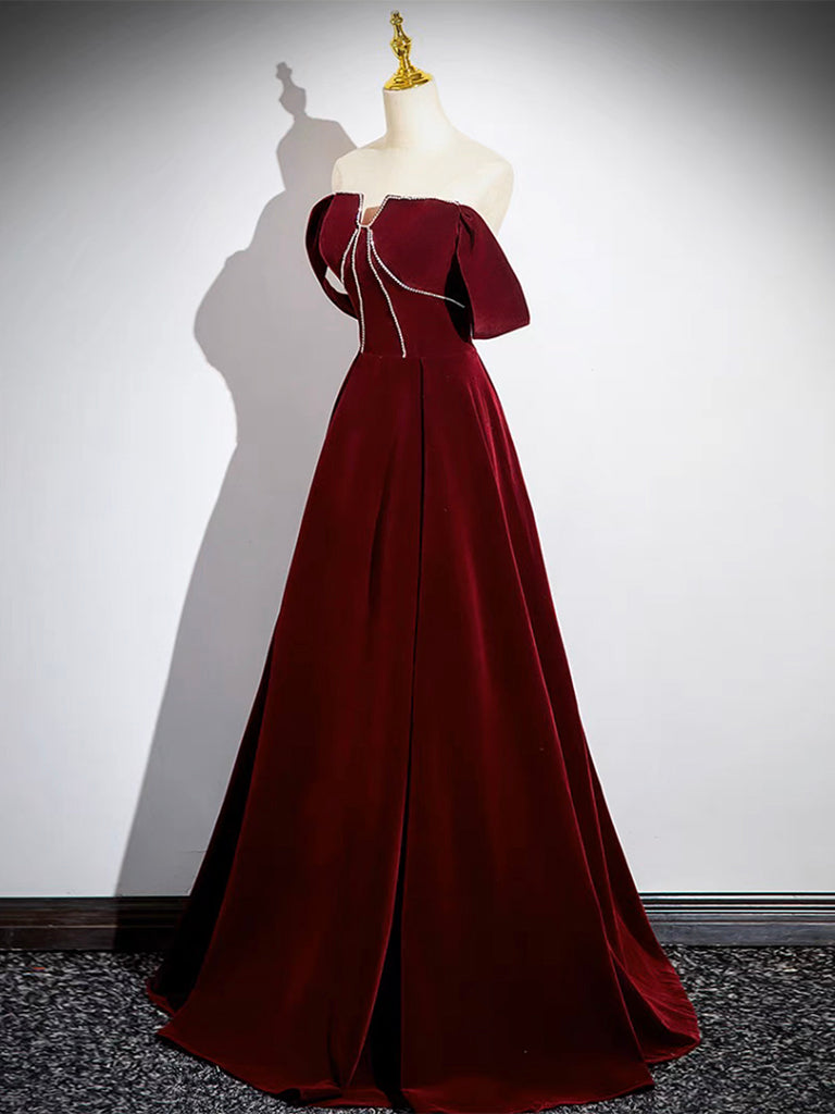 A-Line Velvet Burgundy Long Prom Dress Formal Dress Off Shoulder Elegant Evening Dress december wedding guest dress