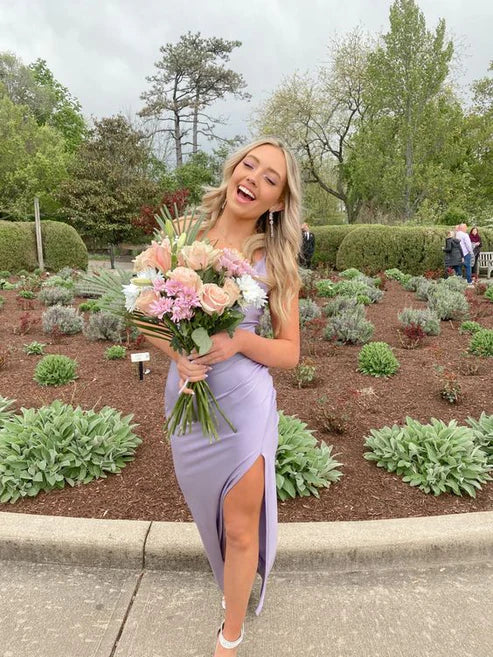 Light Purple Side Slit Satin Prom Dress Long Party Dress Evening Dress Formal Dress