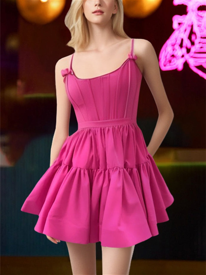 A-Line/Princess Scoop Sleeveless Short/Mini Party Dance Cocktail Homecoming Dress With Ruffles Hot Pink