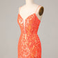 Bodycon Spaghetti Straps Orange Sequins Short Homecoming Dress Sparkly Party Dress