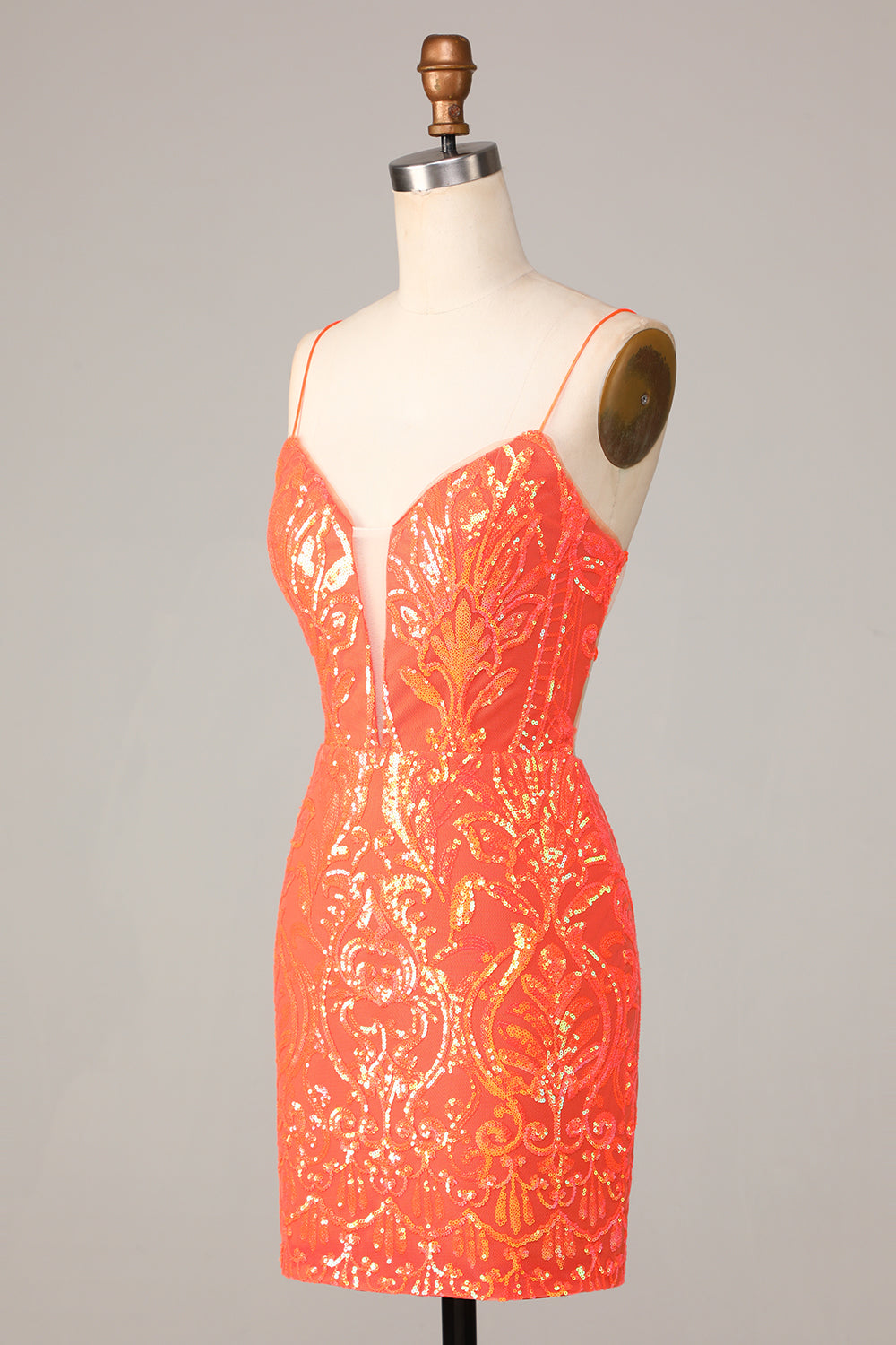 Bodycon Spaghetti Straps Orange Sequins Short Homecoming Dress Sparkly Party Dress