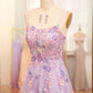 A Line Spaghetti Straps Front Slit Tulle Applique Long Prom Dress With Embroidery With Flowers