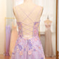 A Line Spaghetti Straps Front Slit Tulle Applique Long Prom Dress With Embroidery With Flowers