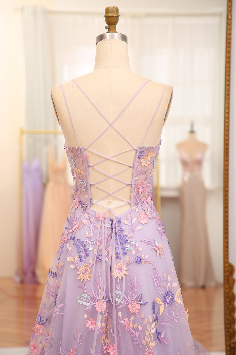 A Line Spaghetti Straps Front Slit Tulle Applique Long Prom Dress With Embroidery With Flowers