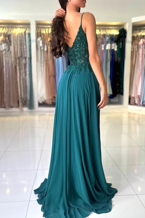 A-Line Chiffon Beaded Spaghetti Strap Long Evening Dress With Slit Sexy Party Dress