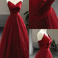 Wine Red Tea Length Tulle V-neckline Prom Dress Tulle Party Dress Off Shoulder