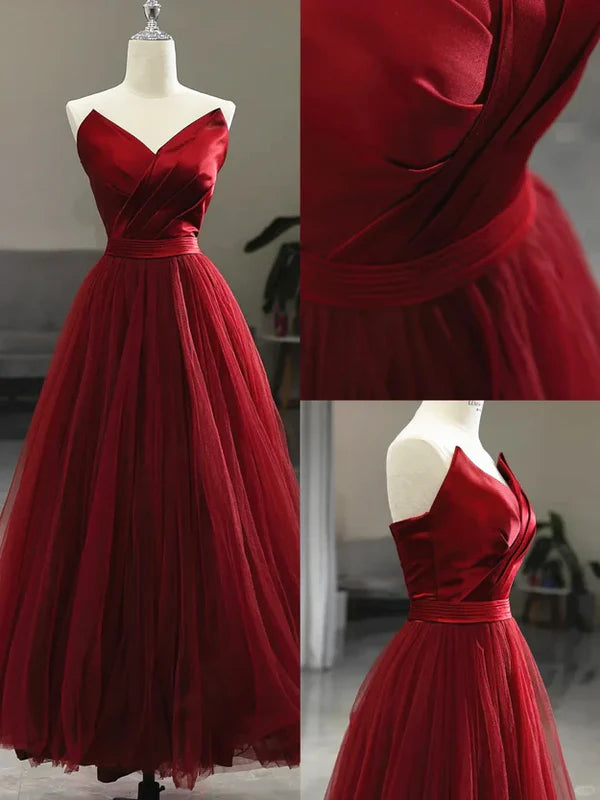 Wine Red Tea Length Tulle V-neckline Prom Dress Tulle Party Dress Off Shoulder