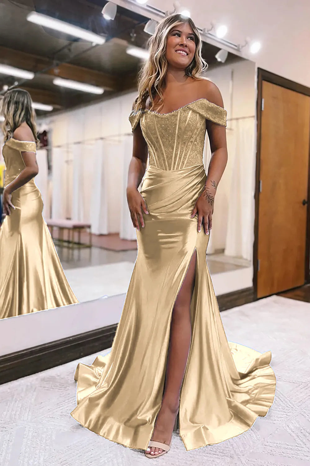 Mermaid Off The Shoulder Court Long Prom Dress With Split Charming Evening Party Dress