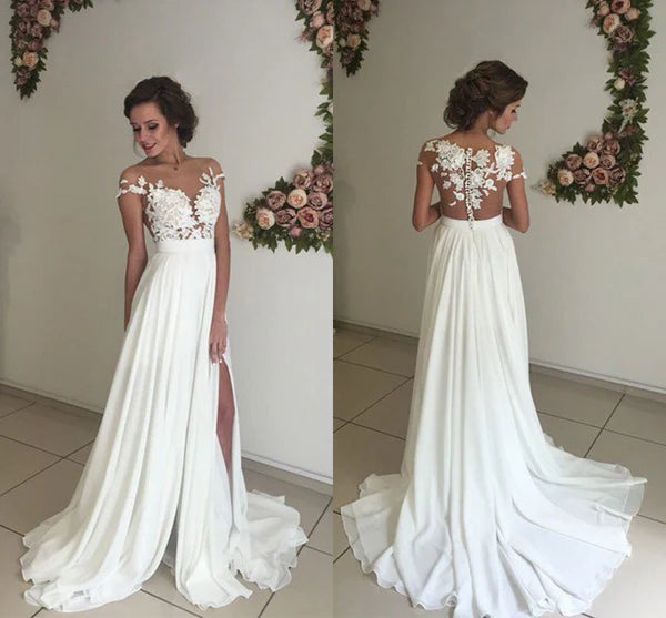 Romantic Chiffon Bateau Neckline A-line Wedding Dresses With Appliques And Slit