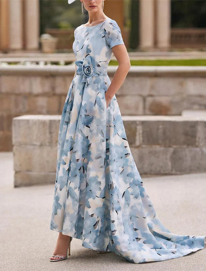 A-Line Mother of the Bride Dress Kentucky Derby Dresses Formal Wedding Guest Elegant Bateau Neck Asymmetrical Ankle Length Chiffon Short Sleeve with Flower