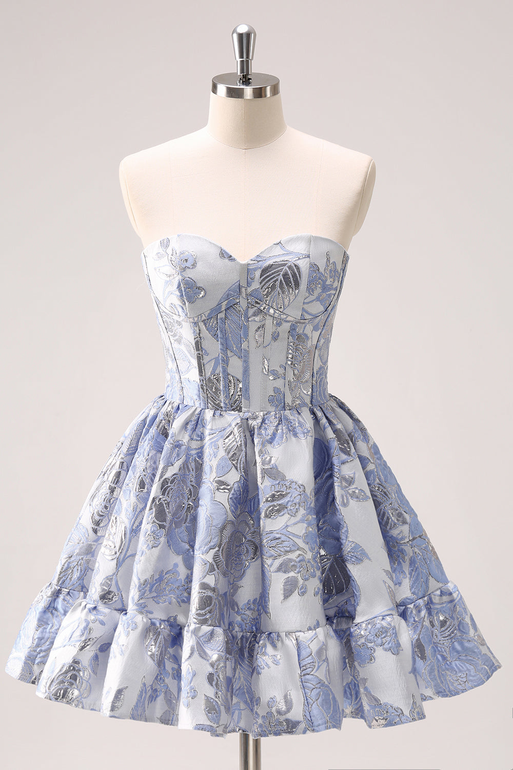 A Line Blue Corset Strapless Ruffles Floral Short Homecoming Dress Sexy Party Dress