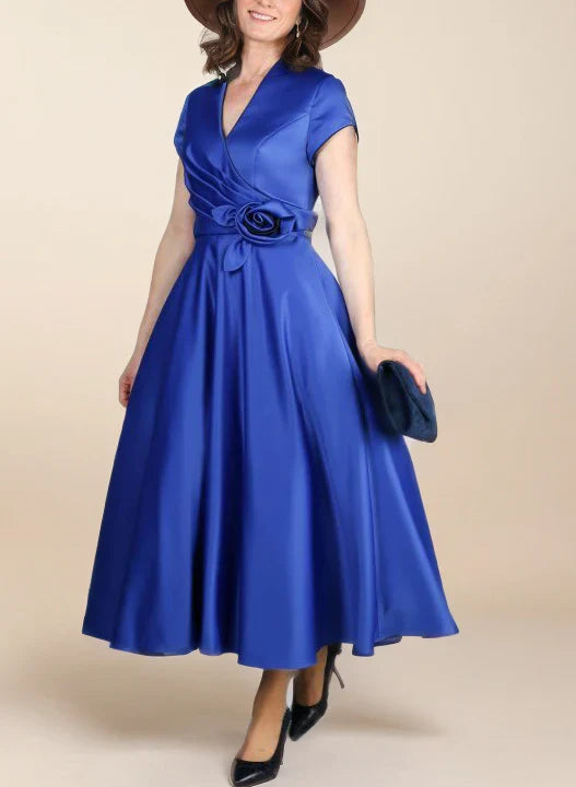 A-Line V Neck Short Sleeves Length Mother Of The Bride Dresses With Flower Elegant