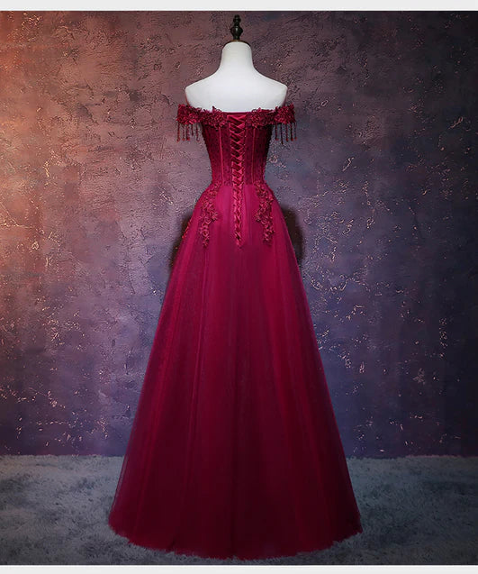 Beautiful Wine Red Tulle Sweetheart Long Prom Dress A-line Party Dress Elegant Evening Dress