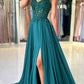 A-Line Chiffon Beaded Spaghetti Strap Long Evening Dress With Slit Sexy Party Dress