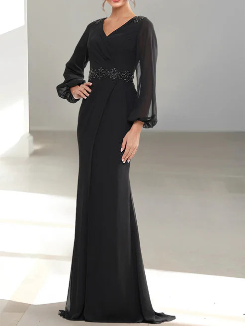 A-Line V-Neck Long Sleeves Mother Of The Bride Dresses Elegant Evening Dress