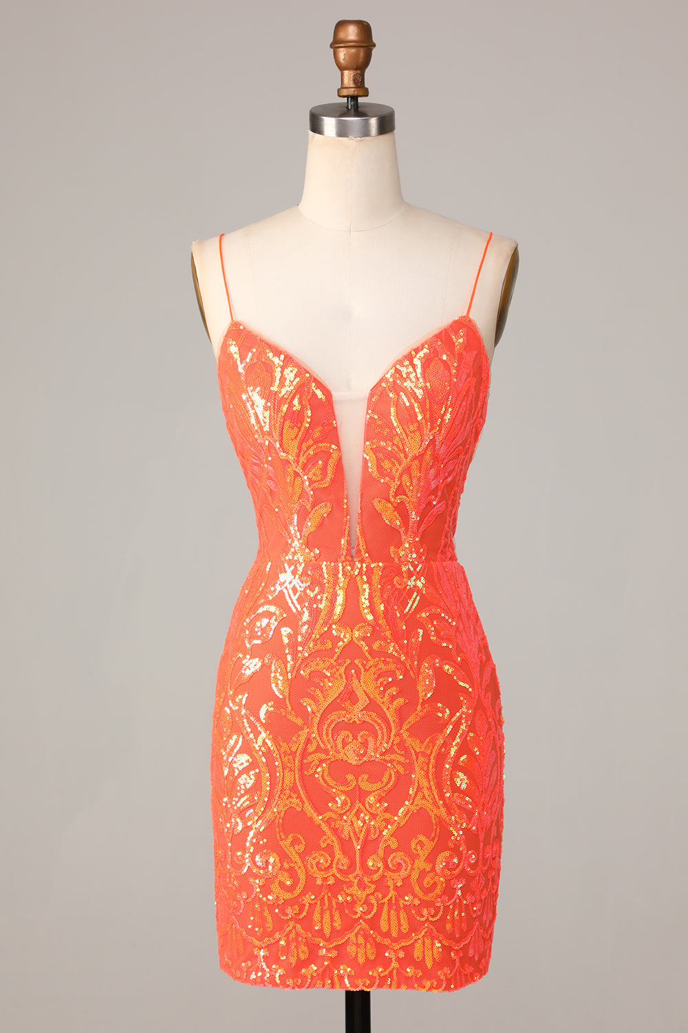 Bodycon Spaghetti Straps Orange Sequins Short Homecoming Dress Sparkly Party Dress